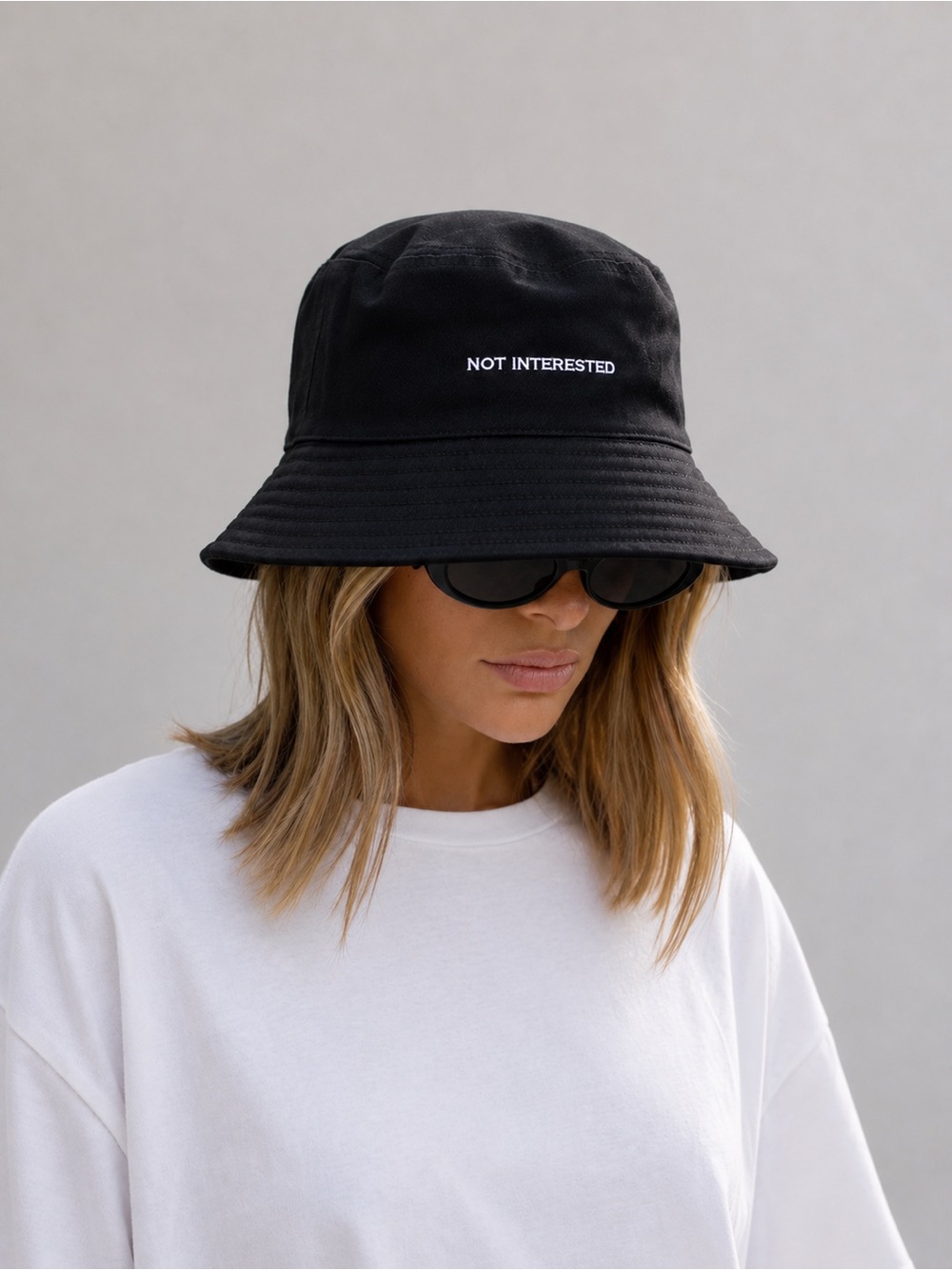 Black Bucket Hat 'Not Interested' Streetwear Concert Swag